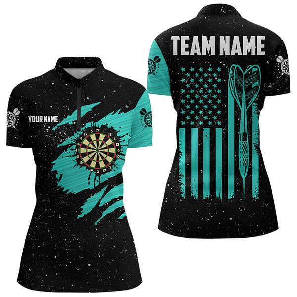 Customized Turquoise Grunge American Flag Women Dart Shirts Custom Patriotic Team Dart Jerseys TDM3336