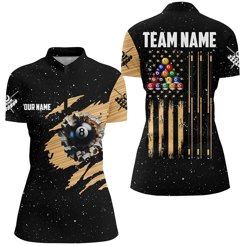 Custom Grunge US Flag 8 Ball Women Billiard Quarter-Zip Shirts, Patriotic Pool Player Shirts TDM0999