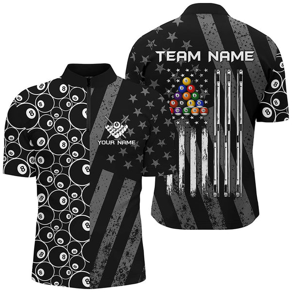 Custom Black Retro US Flag Billiard Polo & Quarter-Zip Shirts For Men, Patriotic Pool Player Shirts TDM1710