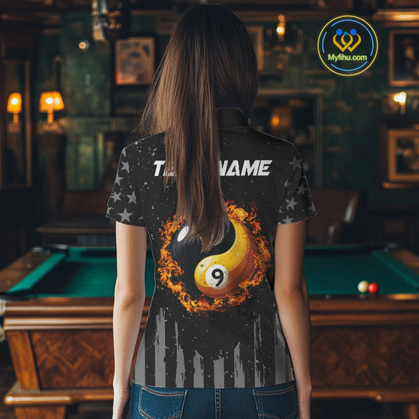 Black US Flag Ying And Yang 8 Ball & 9 Ball Custom Billiard Shirts For Women Funny Billiard Jerseys TDM4083
