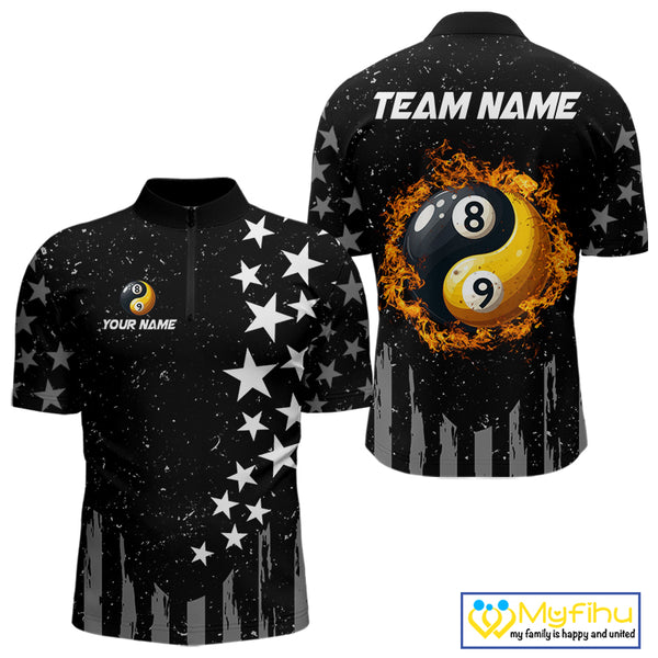 Black US Flag Ying And Yang 8 Ball & 9 Ball Custom Billiard Shirts For Men Funny Billiard Jerseys TDM4083
