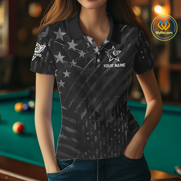 Black US Flag 8 Ball Billiard Shirts For Women Custom Patriotic Billiard Team Shirts, Pool Jerseys TDM4084