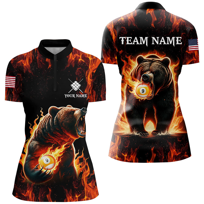 Custom Funny Bear & 9 Ball Pool Fire Flame Women Polo & Quarter-Zip Shirts, Unique Billiard Attire TDM1921