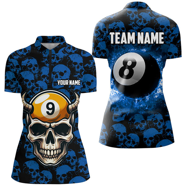 Personalized Billiard Jersey 8 & 9 Ball Custom Funny Skull Pattern Billiard Shirts For Women |Blue TDM2371