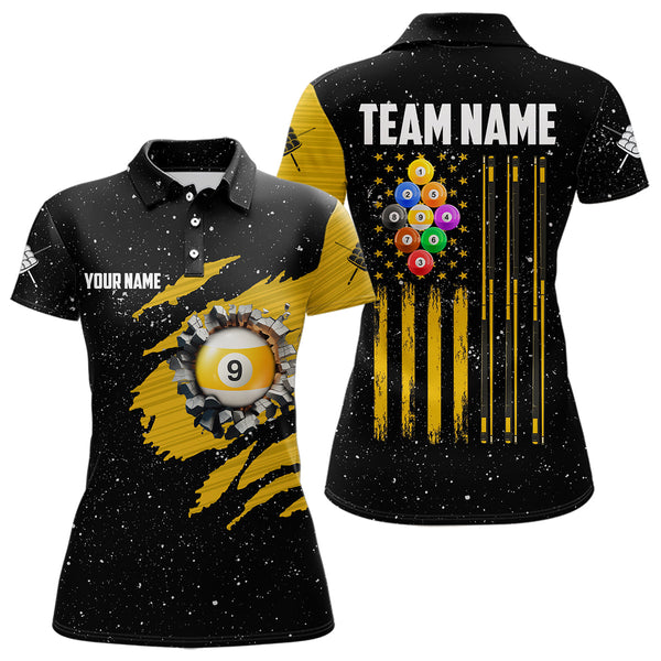 Yellow Black Grunge American Flag 9 Ball Pool Women Billiard Shirt Custom 9 Ball Billiard Jerseys TDM3502