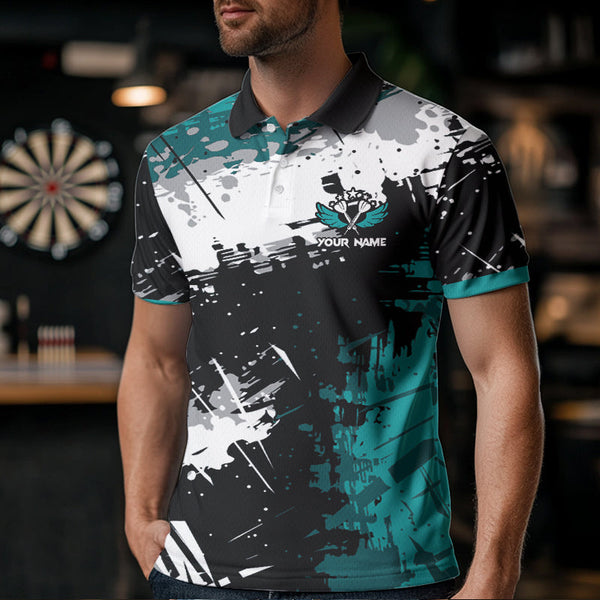 Grunge Turquoise Paint Splash Dart Shirts For Men Custom Darts Team Jersey Polo & 1/4 Zip TDM3509
