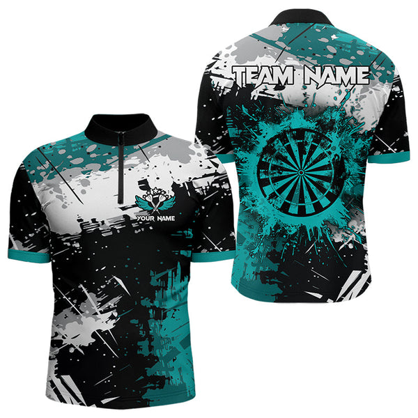 Grunge Turquoise Paint Splash Dart Shirts For Men Custom Darts Team Jersey Polo & 1/4 Zip TDM3509