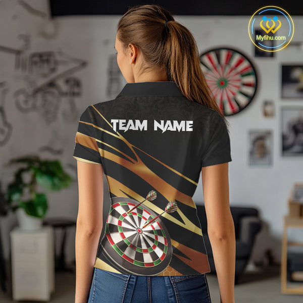 Black And Gold Dart Shirts For Women Custom 3D Dartboard Jersey, Darts Team Polo & Quarter Zip TDM4094