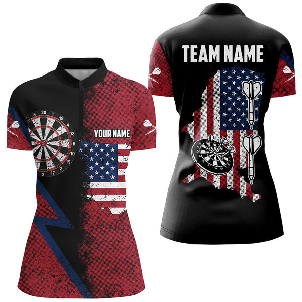 Personalized Red Retro American Flag Women Dart Shirts, Patriotic Dart Jerseys For Team Darts Player TDM2872