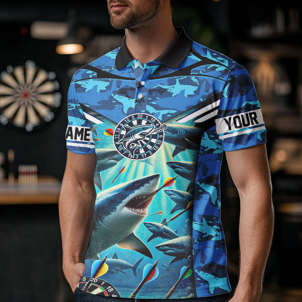 Blue 3D Shark Custom Ocean Camo Darts Shirts For Men Custom Polo & Quarter Zip Shark Dart Jerseys TDM3515