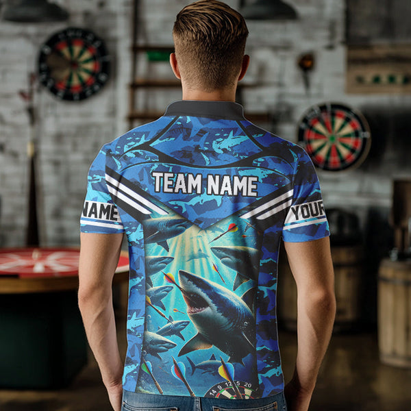 Blue 3D Shark Custom Ocean Camo Darts Shirts For Men Custom Polo & Quarter Zip Shark Dart Jerseys TDM3515