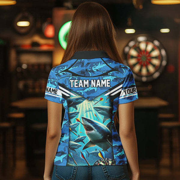 Blue 3D Shark Custom Ocean Camo Darts Shirts For Women Custom Polo & Quarter Zip Shark Dart Jerseys TDM3515