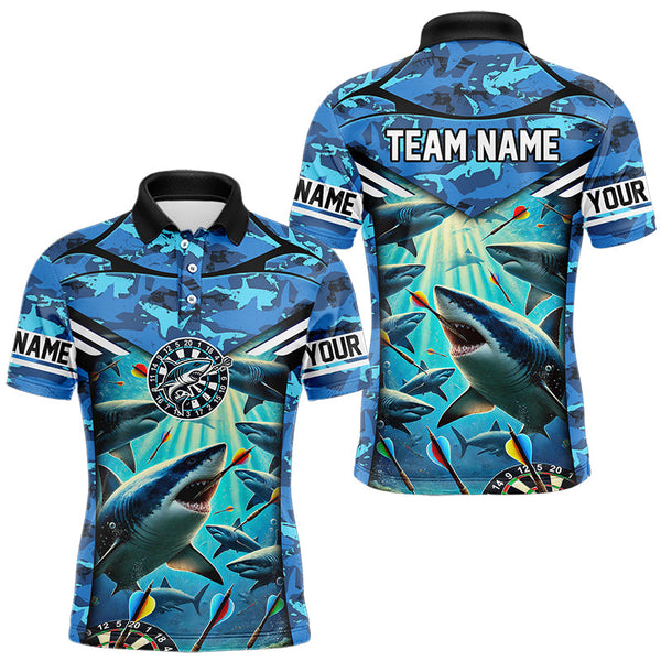 Blue 3D Shark Custom Ocean Camo Darts Shirts For Men Custom Polo & Quarter Zip Shark Dart Jerseys TDM3515