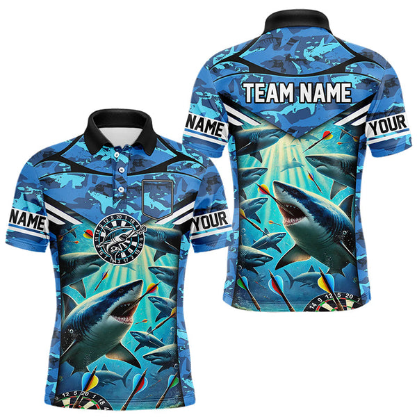 Blue 3D Shark Custom Ocean Camo Darts Shirts For Men Custom Polo & Quarter Zip Shark Dart Jerseys TDM3515