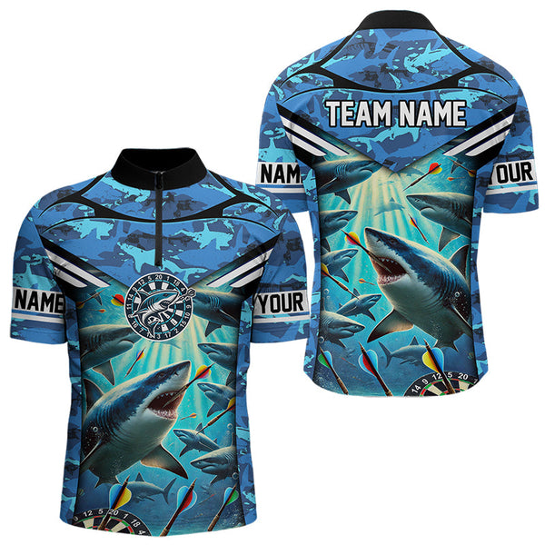 Blue 3D Shark Custom Ocean Camo Darts Shirts For Men Custom Polo & Quarter Zip Shark Dart Jerseys TDM3515
