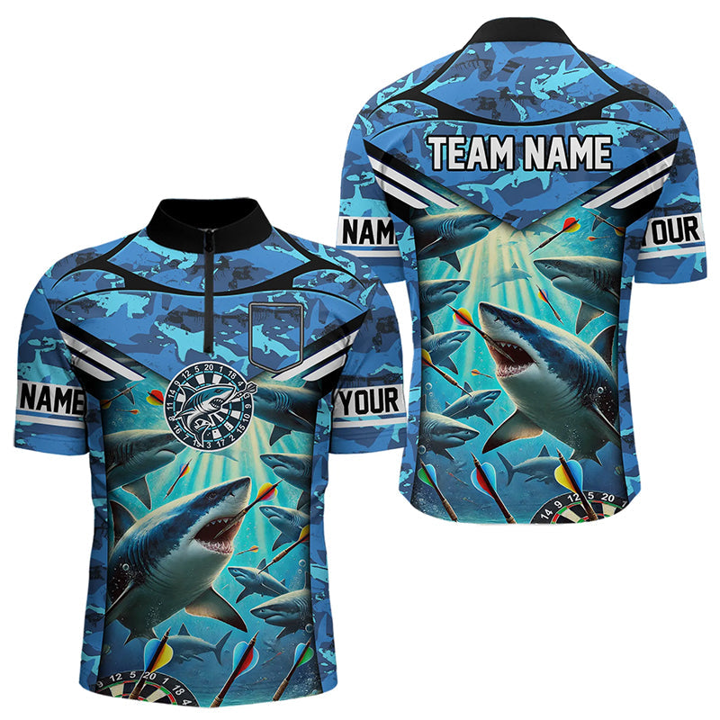 Blue 3D Shark Custom Ocean Camo Darts Shirts For Men Custom Polo & Quarter Zip Shark Dart Jerseys TDM3515