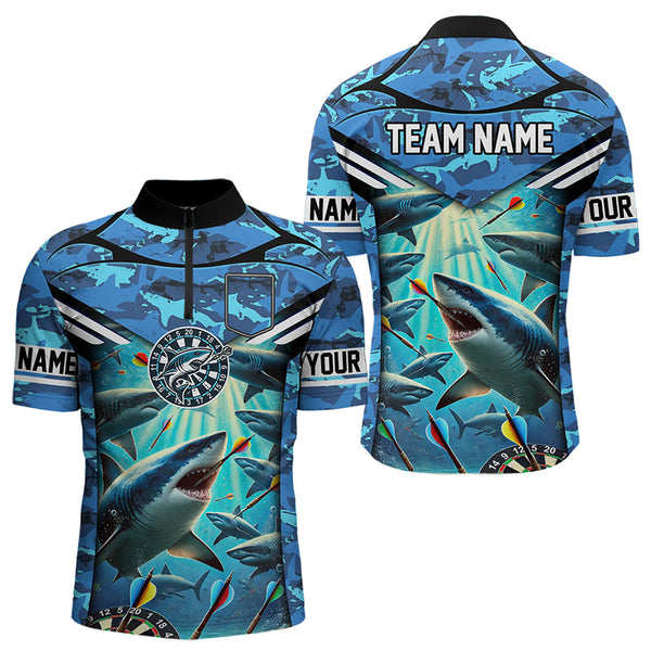 Blue 3D Shark Custom Ocean Camo Darts Shirts For Men Custom Polo & Quarter Zip Shark Dart Jerseys TDM3515