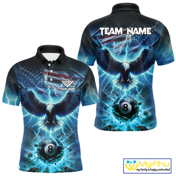 Blue American Flag Eagle Billiard Shirt For Men Custom 8 Ball Thunder Lightning Pool Team Jersey TDM4104