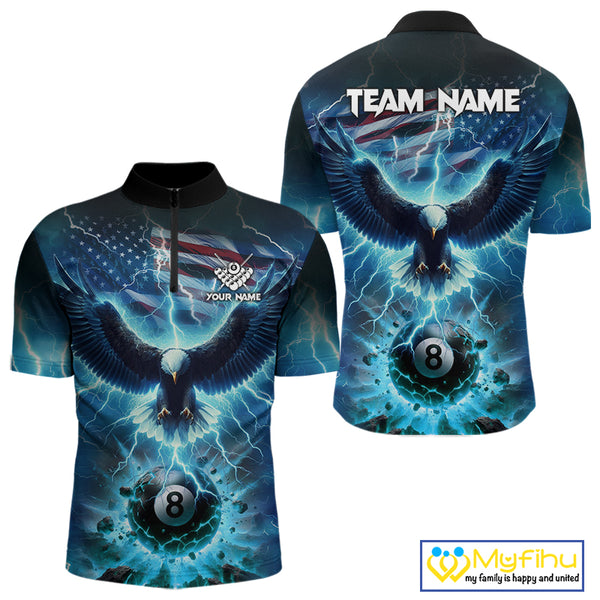 Blue American Flag Eagle Billiard Shirt For Men Custom 8 Ball Thunder Lightning Pool Team Jersey TDM4104