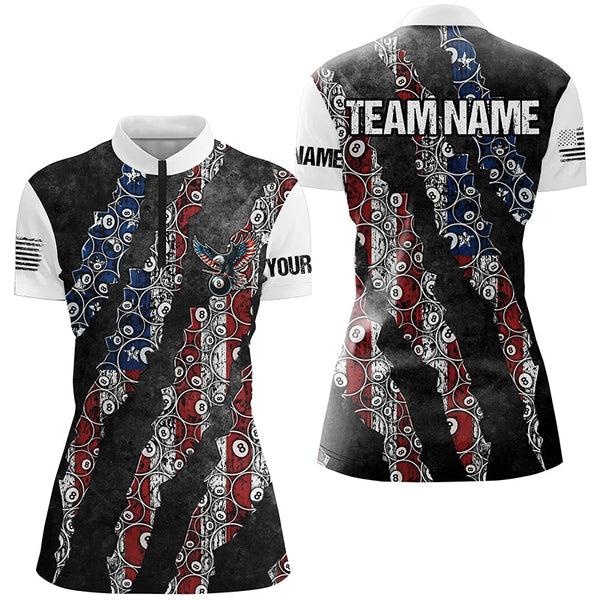 Grunge American Flag 8 Ball Pattern Custom Billiard Shirts For Women, Patriotic Billiard Jerseys TDM2399