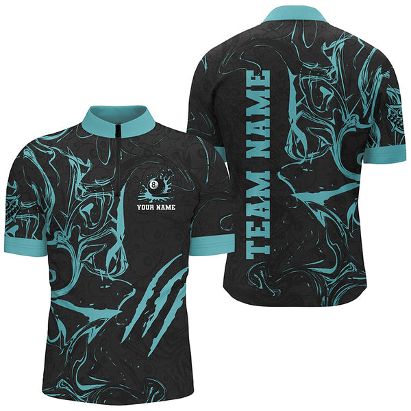 Personalized Black And Turquoise Grunge Billiard Polo, 1/4 Zip Shirts For Men, Billiard Jerseys TDM2400