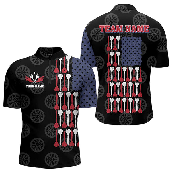 American Flag Black Darts Polo & Quarter Zip Shirt Custom Men Dart Shirts Patriotic Dart Jerseys TDM3355