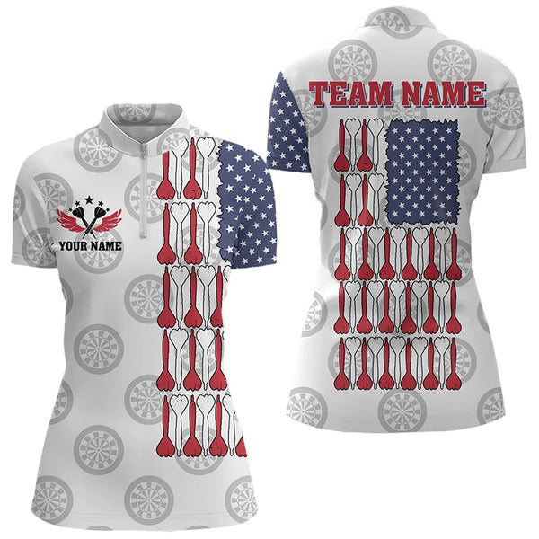 American Flag White Darts Polo & Quarter Zip Shirt Custom Women Dart Shirts Patriotic Dart Jerseys TDM3356