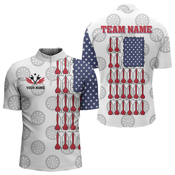 American Flag White Darts Polo & Quarter Zip Shirt Custom Men Dart Shirts Patriotic Dart Jerseys TDM3356
