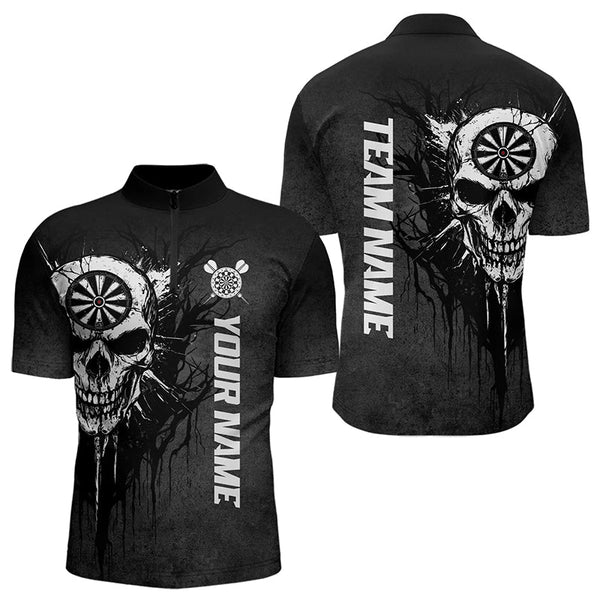 Personalized Black White Dark Skull Darts Polo & Quarter Zip Custom Dart Shirts For Men Dart Jersey TDM3370