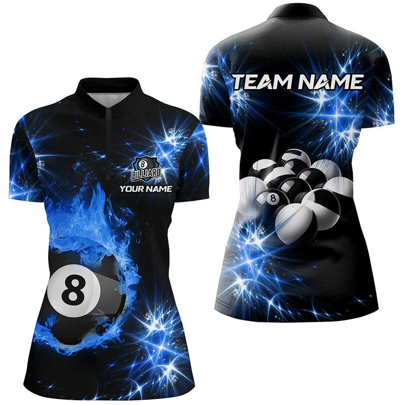 Blue Billiard 8 Ball Fire Flame Women Quarter-Zip Shirt Custom  Billiard Balls Team Jersey TDM1352