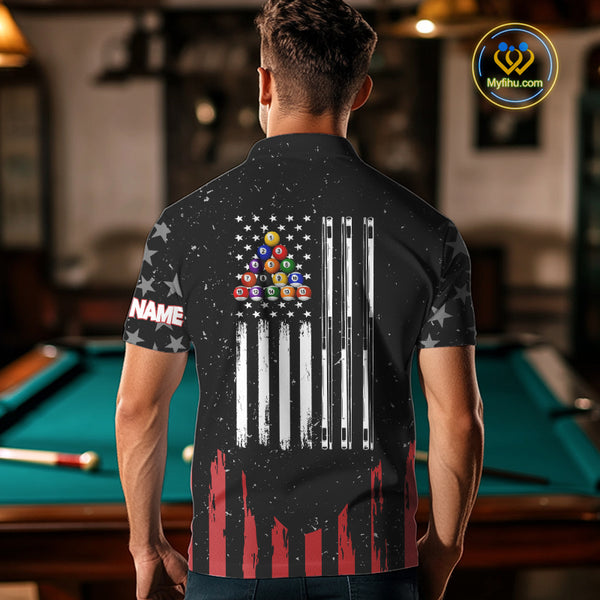 Black Grunge American Flag Billiard Shirt For Men Custom Patriotic Billiard Pool Jersey TDM3824