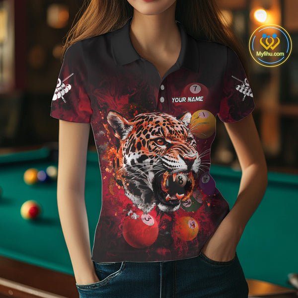 Funny Panther Flaming 8 Ball Billiard Pool Shirt For Women Custom Billiard Team Jerseys |Red TDM3825