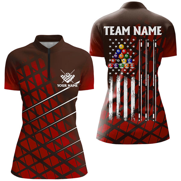 Personalized Red Grunge American Flag Women Billiard Shirt Custom Patriotic Pool Player Jersey Shirts TDM1946