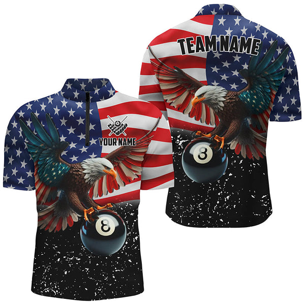 8 Ball Eagle American Flag Custom Billiard Shirts For Men, Patriotic 3D Eagle Black Billiard Jersey TDM2412