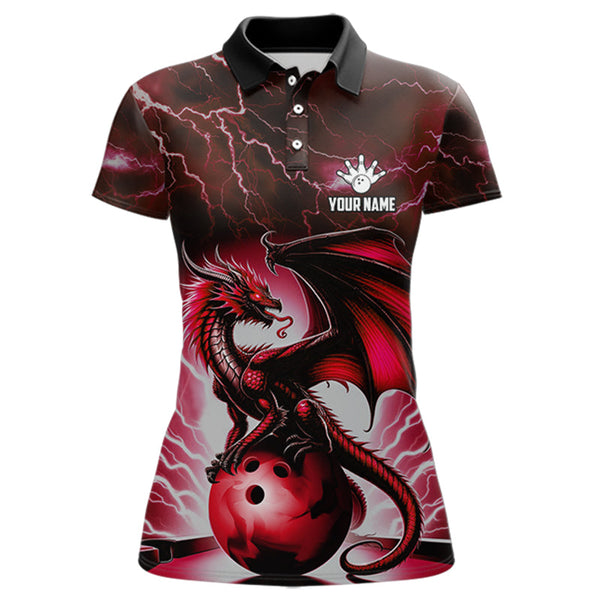 Red Thunder Lightning Custom Dragon Bowling Shirts For Women, Bowling Team Jerseys Polo & 1/4 Zip TDM3679