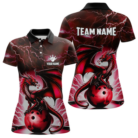 Red Thunder Lightning Custom Dragon Bowling Shirts For Women, Bowling Team Jerseys Polo & 1/4 Zip TDM3679