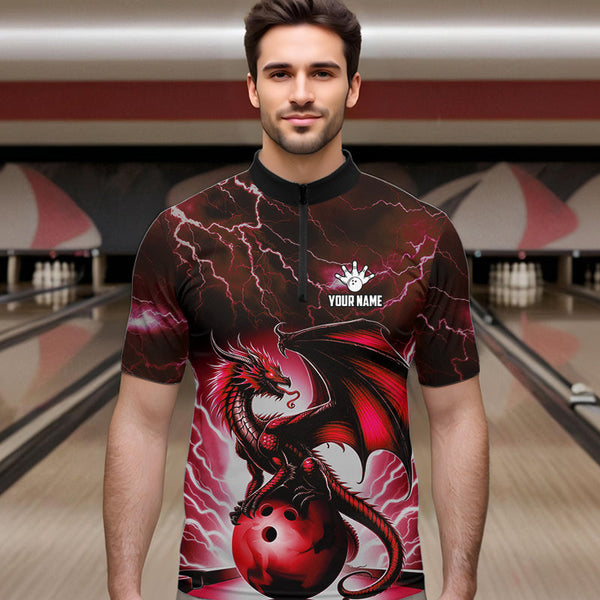 Red Thunder Lightning Custom Dragon Bowling Shirts For Men, Bowling Team Jerseys Polo & 1/4 Zip TDM3679