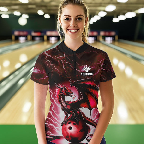 Red Thunder Lightning Custom Dragon Bowling Shirts For Women, Bowling Team Jerseys Polo & 1/4 Zip TDM3679