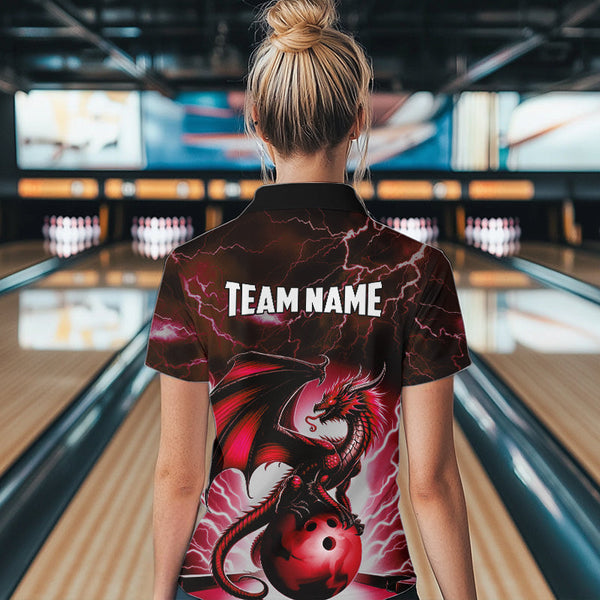 Red Thunder Lightning Custom Dragon Bowling Shirts For Women, Bowling Team Jerseys Polo & 1/4 Zip TDM3679