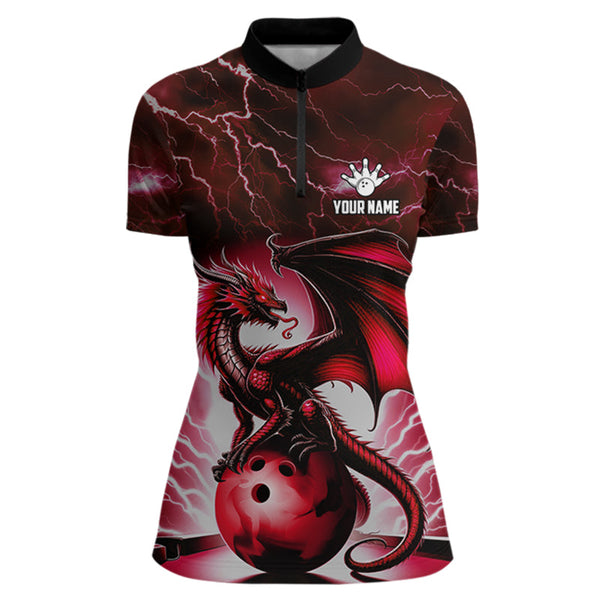 Red Thunder Lightning Custom Dragon Bowling Shirts For Women, Bowling Team Jerseys Polo & 1/4 Zip TDM3679