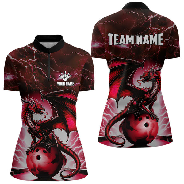 Red Thunder Lightning Custom Dragon Bowling Shirts For Women, Bowling Team Jerseys Polo & 1/4 Zip TDM3679