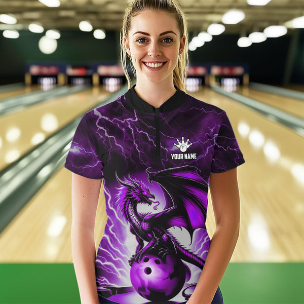 Purple Thunder Lightning Custom Dragon Bowling Shirts For Women, Bowling Team Jerseys Polo & 1/4 Zip TDM3680
