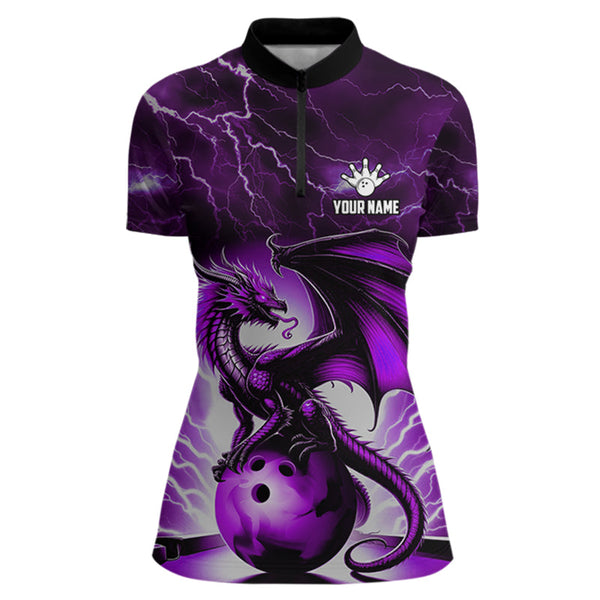 Purple Thunder Lightning Custom Dragon Bowling Shirts For Women, Bowling Team Jerseys Polo & 1/4 Zip TDM3680