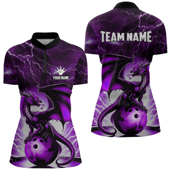 Purple Thunder Lightning Custom Dragon Bowling Shirts For Women, Bowling Team Jerseys Polo & 1/4 Zip TDM3680