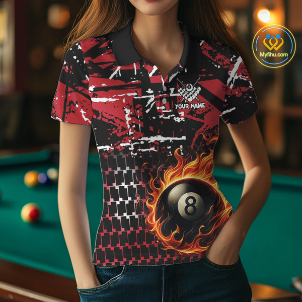 Grunge Black And Red Flaming 8 Ball Pool Women's Billiard Shirts Custom Billiard Jerseys Team Shirts TDM3833