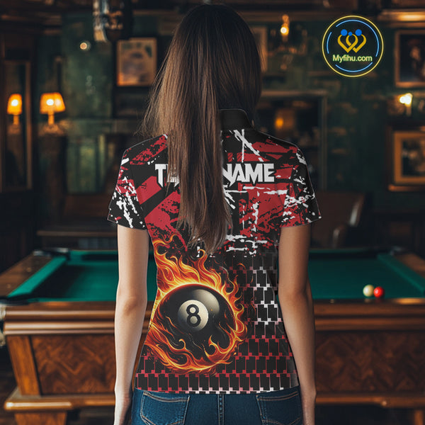 Grunge Black And Red Flaming 8 Ball Pool Women's Billiard Shirts Custom Billiard Jerseys Team Shirts TDM3833