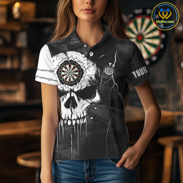 Custom Black And White Grunge Skull Dart Shirts For Women | Team Darts Jerseys - Polo & Quarter Zip TDM3955