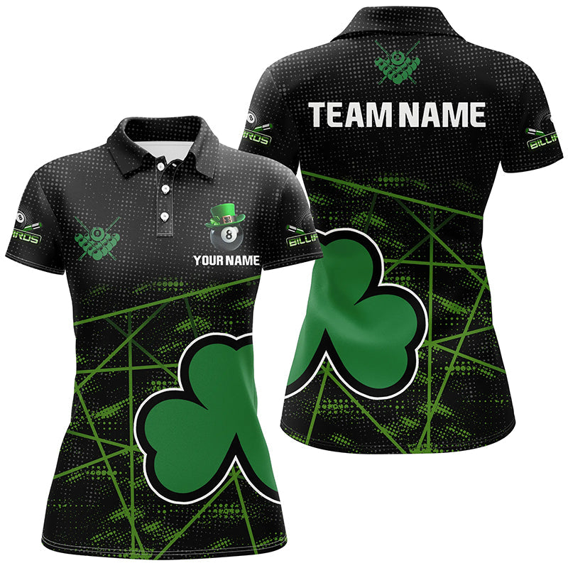 Custom Black Green St Patrick's Day Shamrock Billiard Women Polo Shirts, Patrick Billiard Jerseys TDM1046
