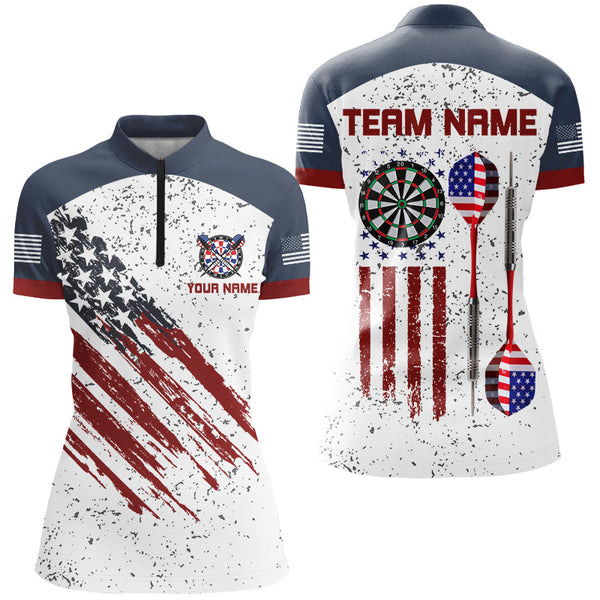 White Grunge American Flag Darts Polo & Quarter-Zip Custom Patriotic Women Dart Shirts Darts Jerseys TDM2678