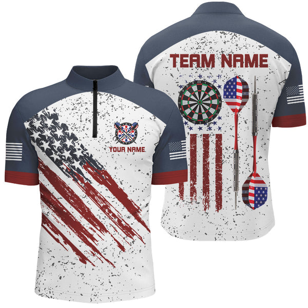 White Grunge American Flag Darts Polo & Quarter-Zip Custom Patriotic Men Dart Shirts Darts Jerseys TDM2678